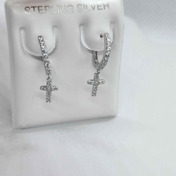 Jewelry - Brand New  Sterling Silver 925 CZ Cross Huggy Earrings